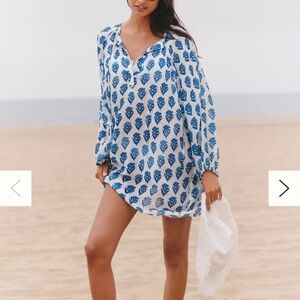 Celandine Long-Sleeve Tie-Neck Mini Kaftan